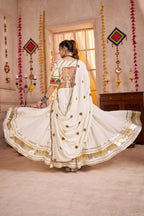 White Viscose Cotton Navratri Chaniya Choli Lehenga For Indian Garba 8 Meter Flair - Real Mirror Work, Kutchi Work, Thread Embroidery Work