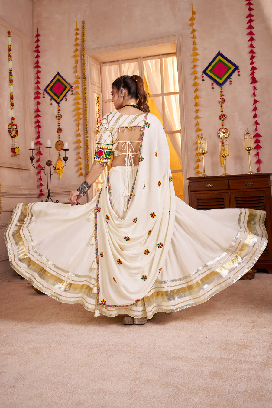 White Viscose Cotton Navratri Chaniya Choli Lehenga For Indian Garba 8 Meter Flair - Real Mirror Work, Kutchi Work, Thread Embroidery Work