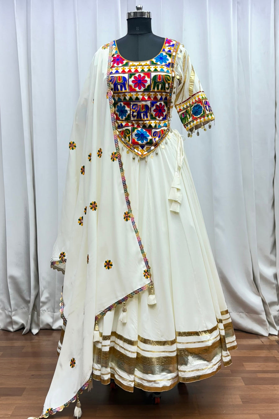 White Viscose Cotton Navratri Chaniya Choli Lehenga For Indian Garba 8 Meter Flair - Real Mirror Work, Kutchi Work, Thread Embroidery Work