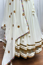 White Viscose Cotton Navratri Chaniya Choli Lehenga For Indian Garba 8 Meter Flair - Real Mirror Work, Kutchi Work, Thread Embroidery Work