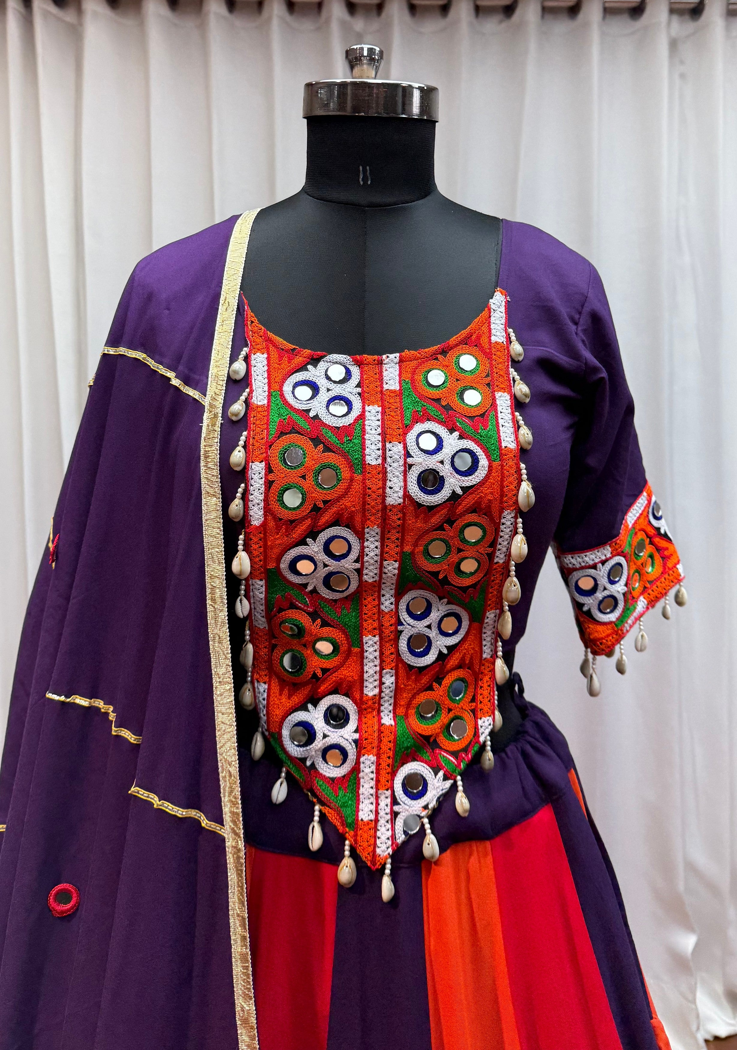 Orange Viscose Cotton Navaratri Garba Chaniya Choli For Indian 8 Meter Flair - Real Mirror Work, Thread Embroidery Work