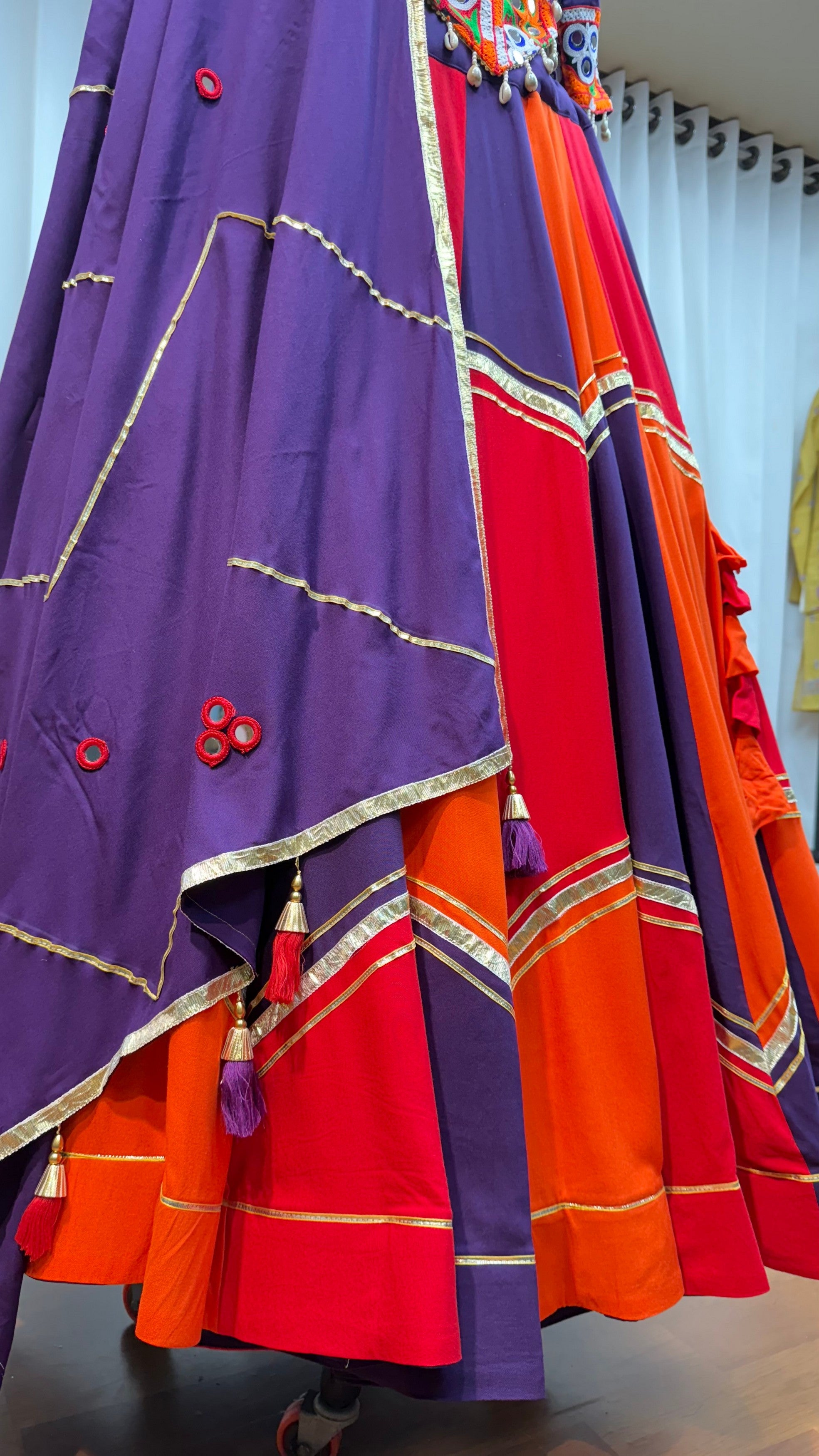 Orange Viscose Cotton Navaratri Garba Chaniya Choli For Indian 8 Meter Flair - Real Mirror Work, Thread Embroidery Work