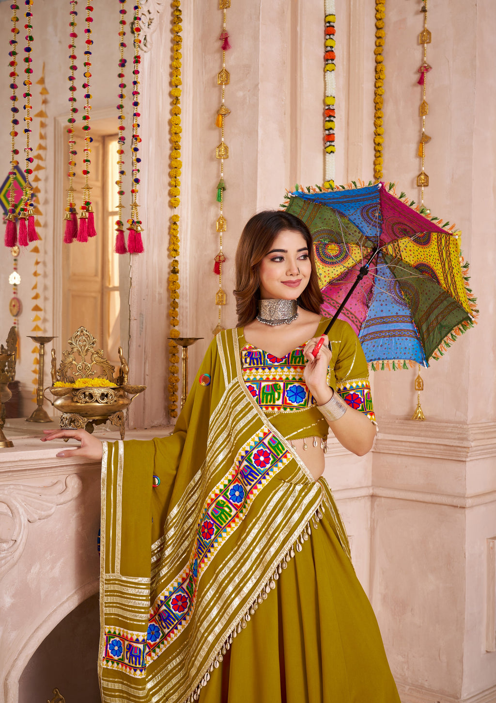 Olive Green Viscose Cotton Navaratri Garba Chaniya Choli For Indian 8 Meter Flair - Real Mirror Work, Thread Embroidery Work