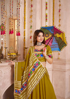 Olive Green Viscose Cotton Navaratri Garba Chaniya Choli For Indian 8 Meter Flair - Real Mirror Work, Thread Embroidery Work