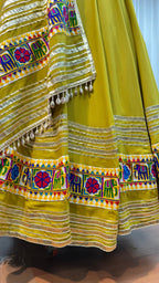 Olive Green Viscose Cotton Navaratri Garba Chaniya Choli For Indian 8 Meter Flair - Real Mirror Work, Thread Embroidery Work