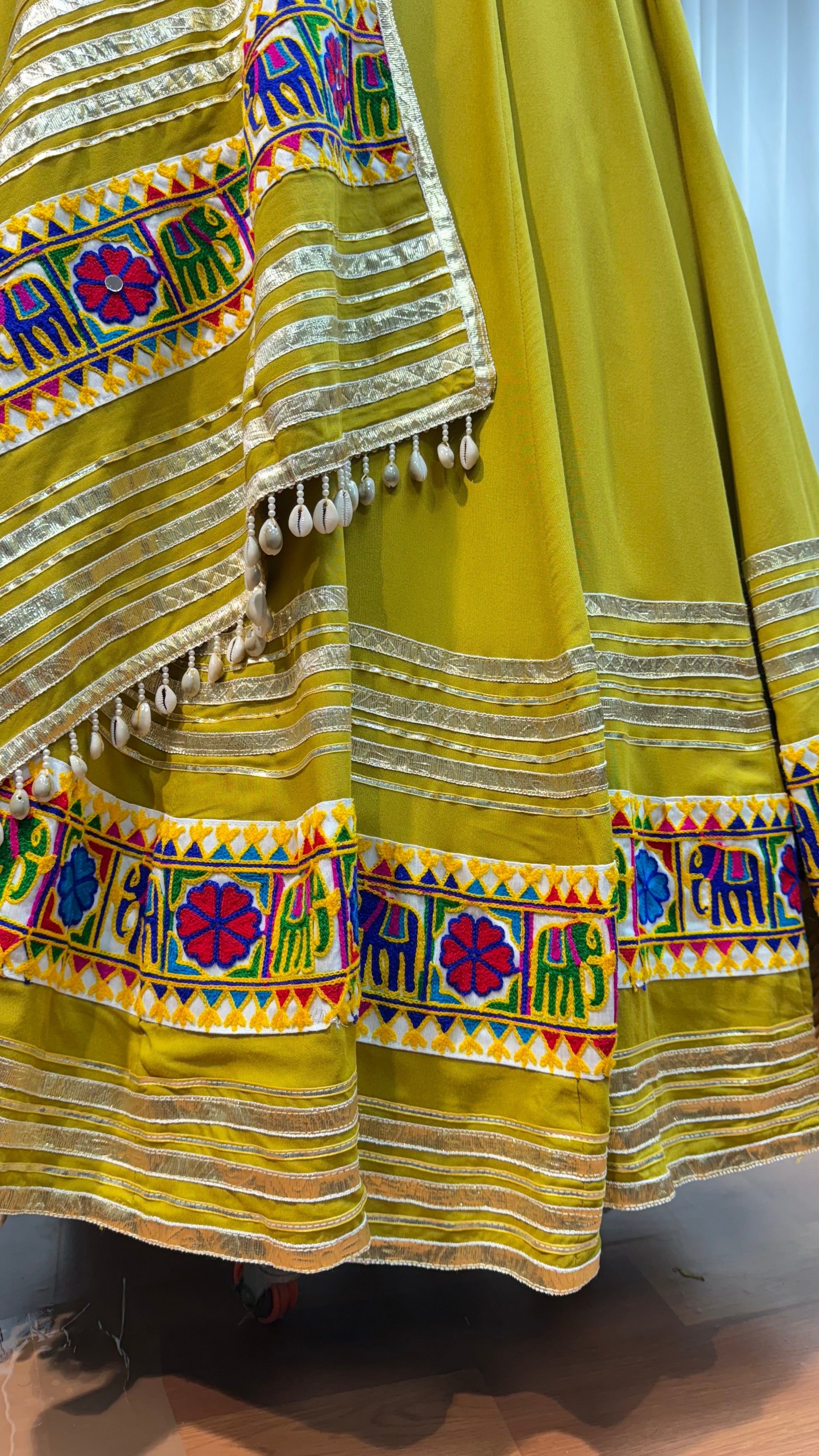 Olive Green Viscose Cotton Navaratri Garba Chaniya Choli For Indian 8 Meter Flair - Real Mirror Work, Thread Embroidery Work