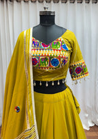 Olive Green Viscose Cotton Navaratri Garba Chaniya Choli For Indian 8 Meter Flair - Real Mirror Work, Thread Embroidery Work