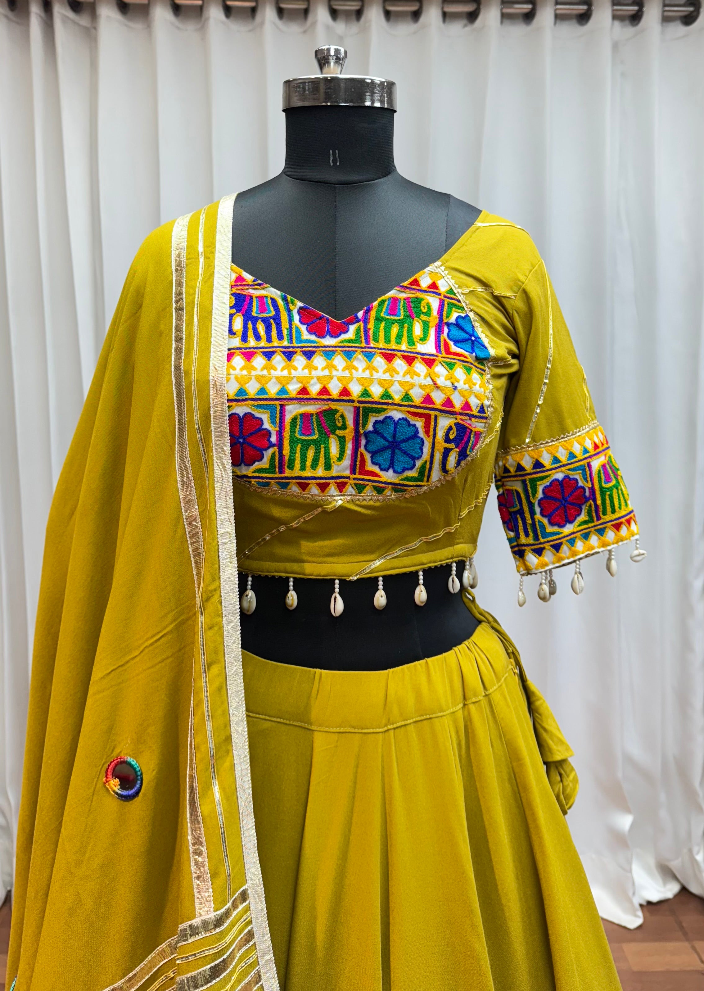 Olive Green Viscose Cotton Navaratri Garba Chaniya Choli For Indian 8 Meter Flair - Real Mirror Work, Thread Embroidery Work