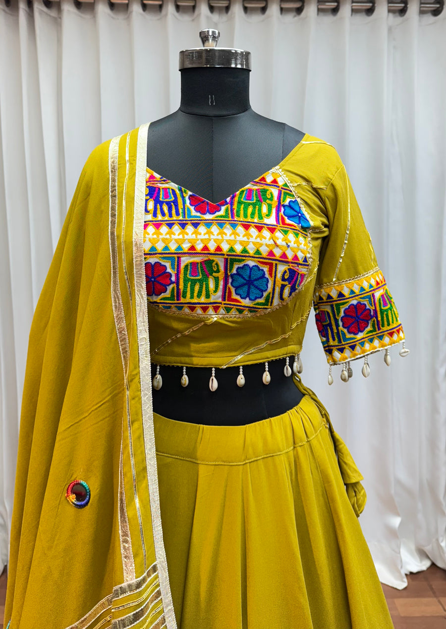 Olive Green Viscose Cotton Navaratri Garba Chaniya Choli For Indian 8 Meter Flair - Real Mirror Work, Thread Embroidery Work