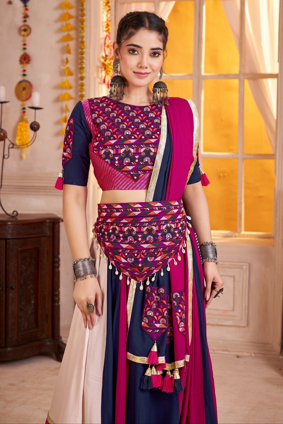 Multicolor Viscose Cotton Navratri Festival Chaniya Choli For Garba Indian 9 Meter Flair - Thread Embroidery Work, Kutchi Patch Work, Real Mirror Work