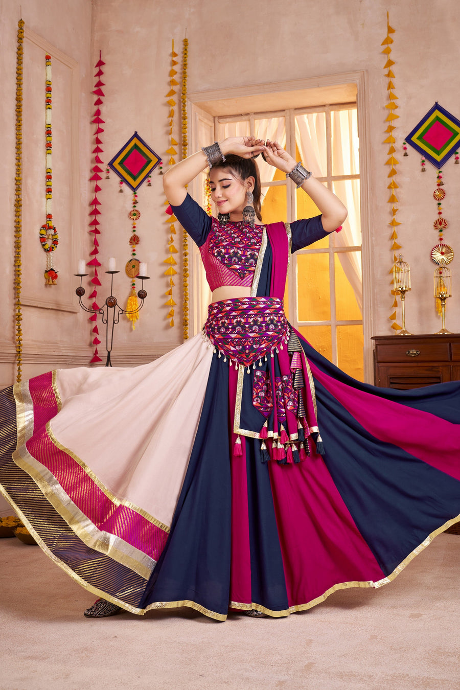 Multicolor Viscose Cotton Navratri Festival Chaniya Choli For Garba Indian 9 Meter Flair - Thread Embroidery Work, Kutchi Patch Work, Real Mirror Work