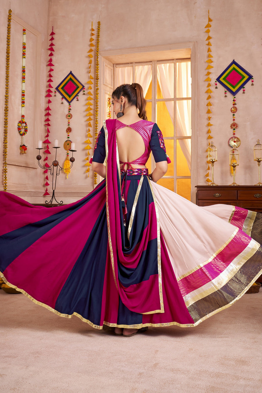 Multicolor Viscose Cotton Navratri Festival Chaniya Choli For Garba Indian 9 Meter Flair - Thread Embroidery Work, Kutchi Patch Work, Real Mirror Work