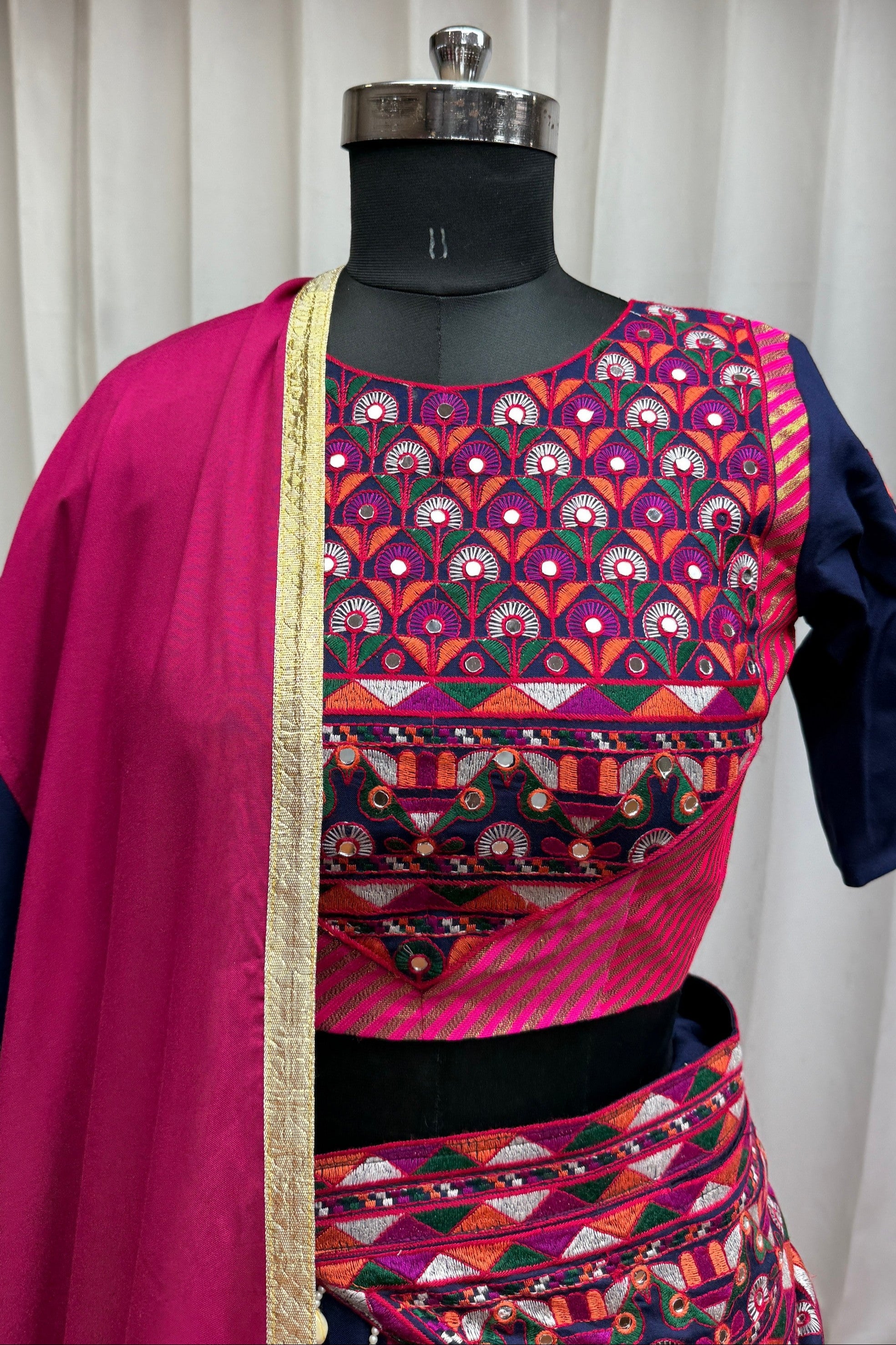 Multicolor Viscose Cotton Navratri Festival Chaniya Choli For Garba Indian 9 Meter Flair - Thread Embroidery Work, Kutchi Patch Work, Real Mirror Work