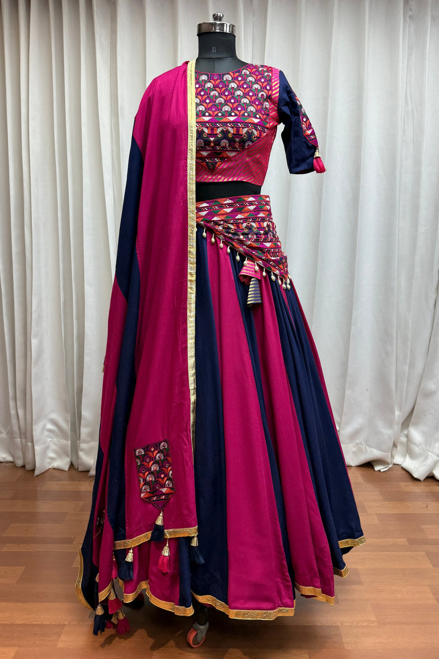 Multicolor Viscose Cotton Navratri Festival Chaniya Choli For Garba Indian 9 Meter Flair - Thread Embroidery Work, Kutchi Patch Work, Real Mirror Work