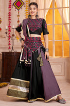 Black Viscose Cotton Navratri Festival Chaniya Choli For Garba Indian 9 Meters Flair - Thread Embroidery Work, Kutchi Patch Work, Real Mirror Work