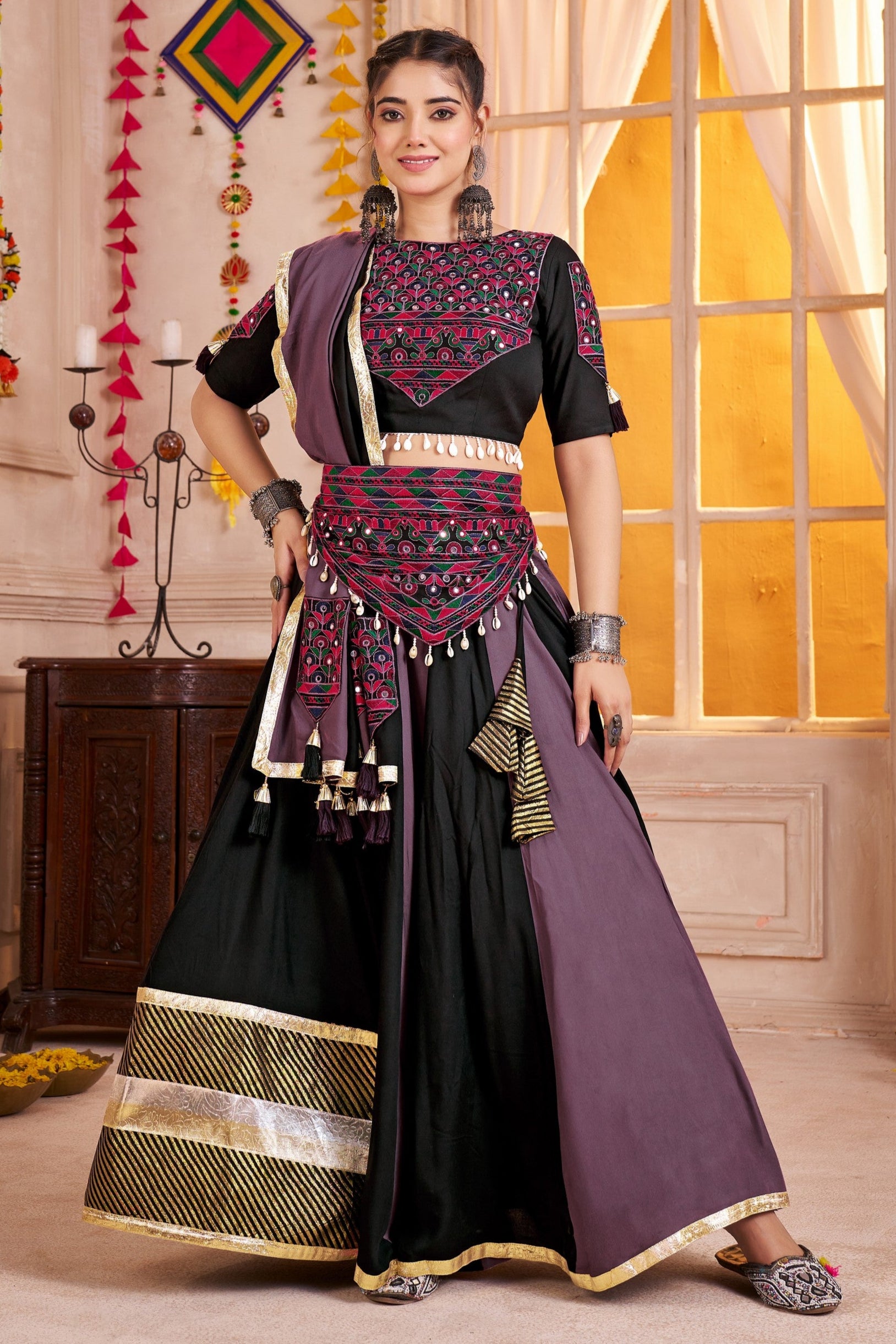 Black Viscose Cotton Navratri Festival Chaniya Choli For Garba Indian 9 Meters Flair - Thread Embroidery Work, Kutchi Patch Work, Real Mirror Work