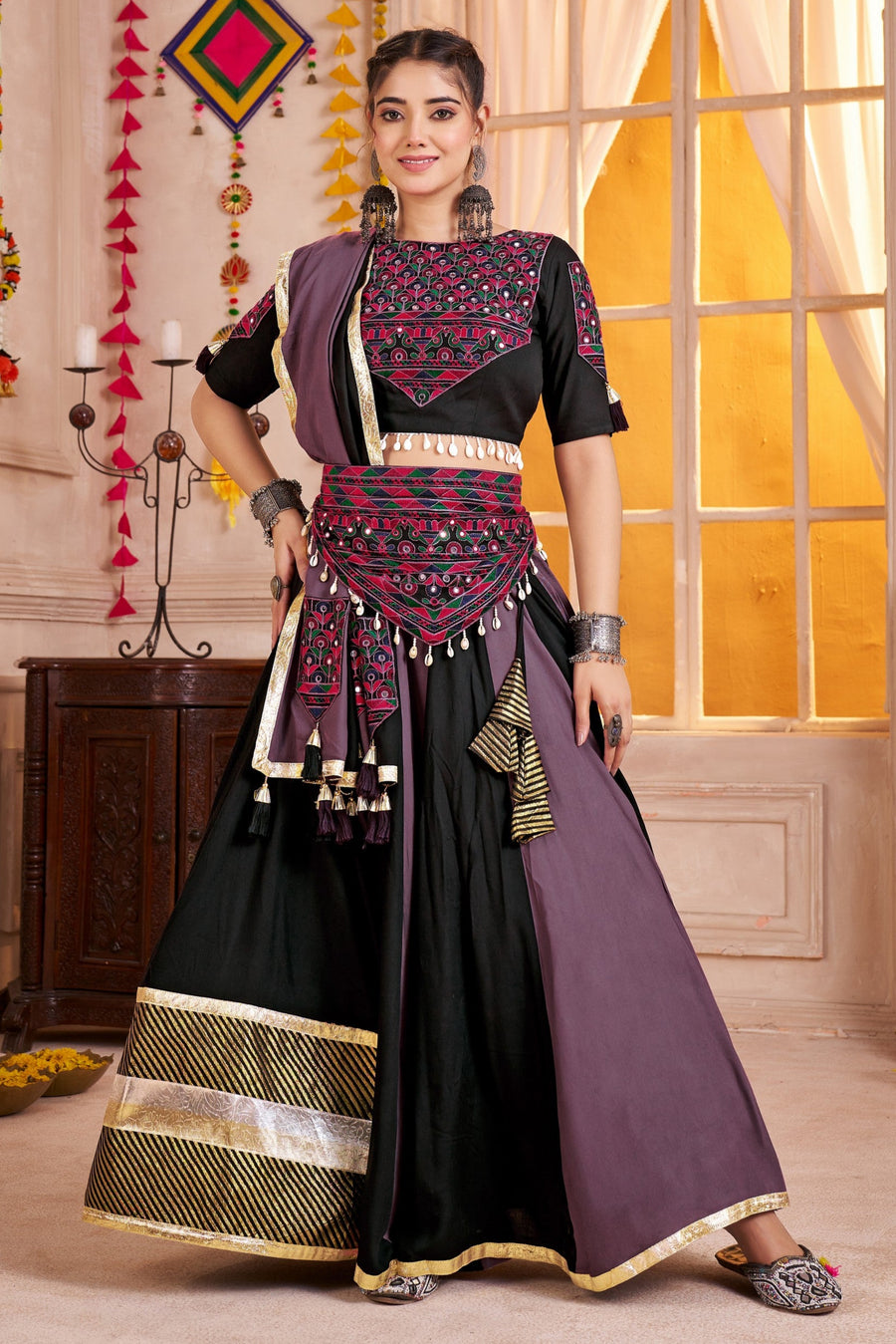 Black Viscose Cotton Navratri Festival Chaniya Choli For Garba Indian 9 Meters Flair - Thread Embroidery Work, Kutchi Patch Work, Real Mirror Work