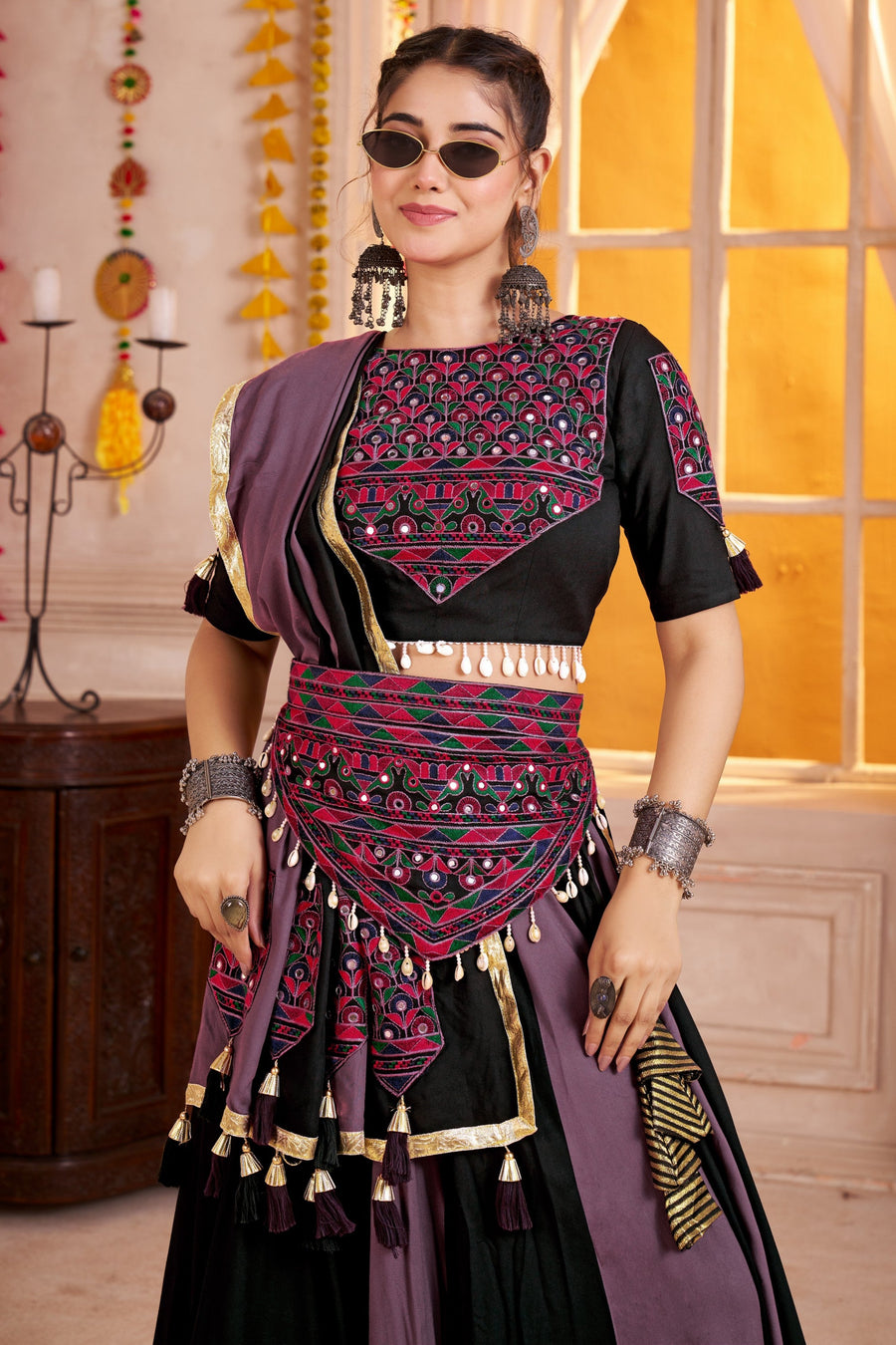 Black Viscose Cotton Navratri Festival Chaniya Choli For Garba Indian 9 Meters Flair - Thread Embroidery Work, Kutchi Patch Work, Real Mirror Work