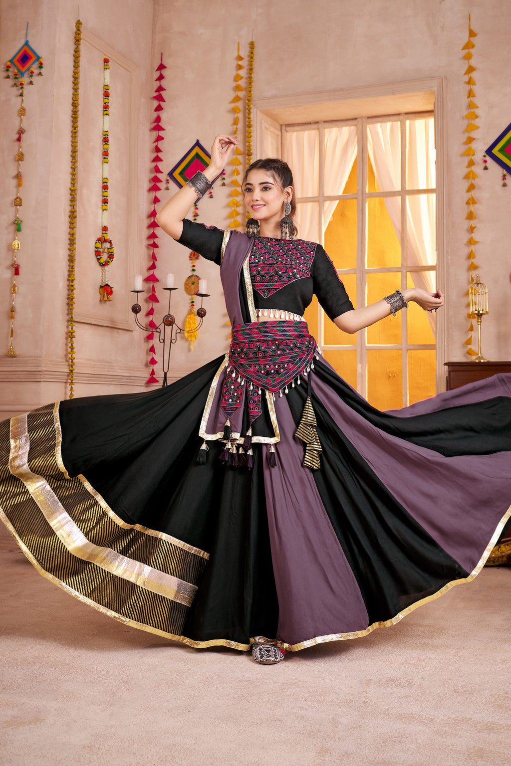 Black Viscose Cotton Navratri Festival Chaniya Choli For Garba Indian 9 Meters Flair - Thread Embroidery Work, Kutchi Patch Work, Real Mirror Work