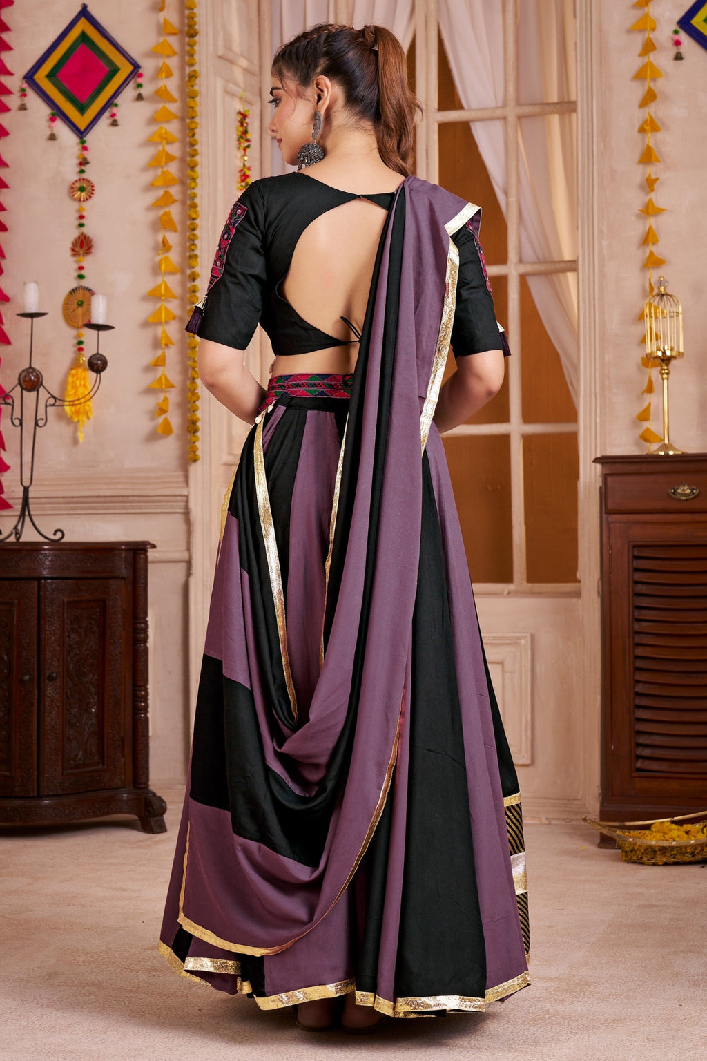 Black Viscose Cotton Navratri Festival Chaniya Choli For Garba Indian 9 Meters Flair - Thread Embroidery Work, Kutchi Patch Work, Real Mirror Work