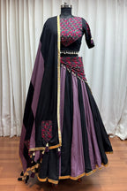 Black Viscose Cotton Navratri Festival Chaniya Choli For Garba Indian 9 Meters Flair - Thread Embroidery Work, Kutchi Patch Work, Real Mirror Work