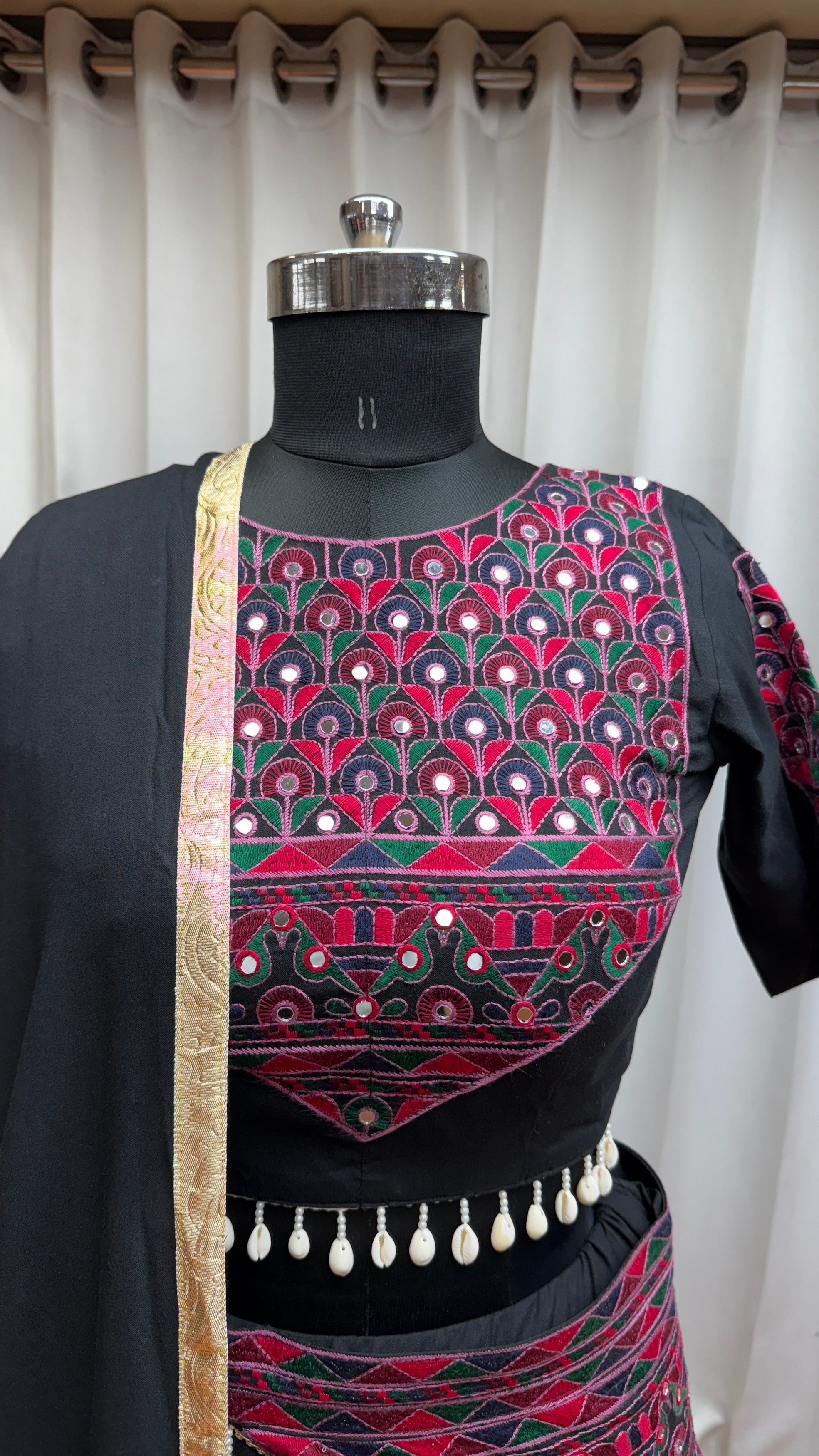 Black Viscose Cotton Navratri Festival Chaniya Choli For Garba Indian 9 Meters Flair - Thread Embroidery Work, Kutchi Patch Work, Real Mirror Work