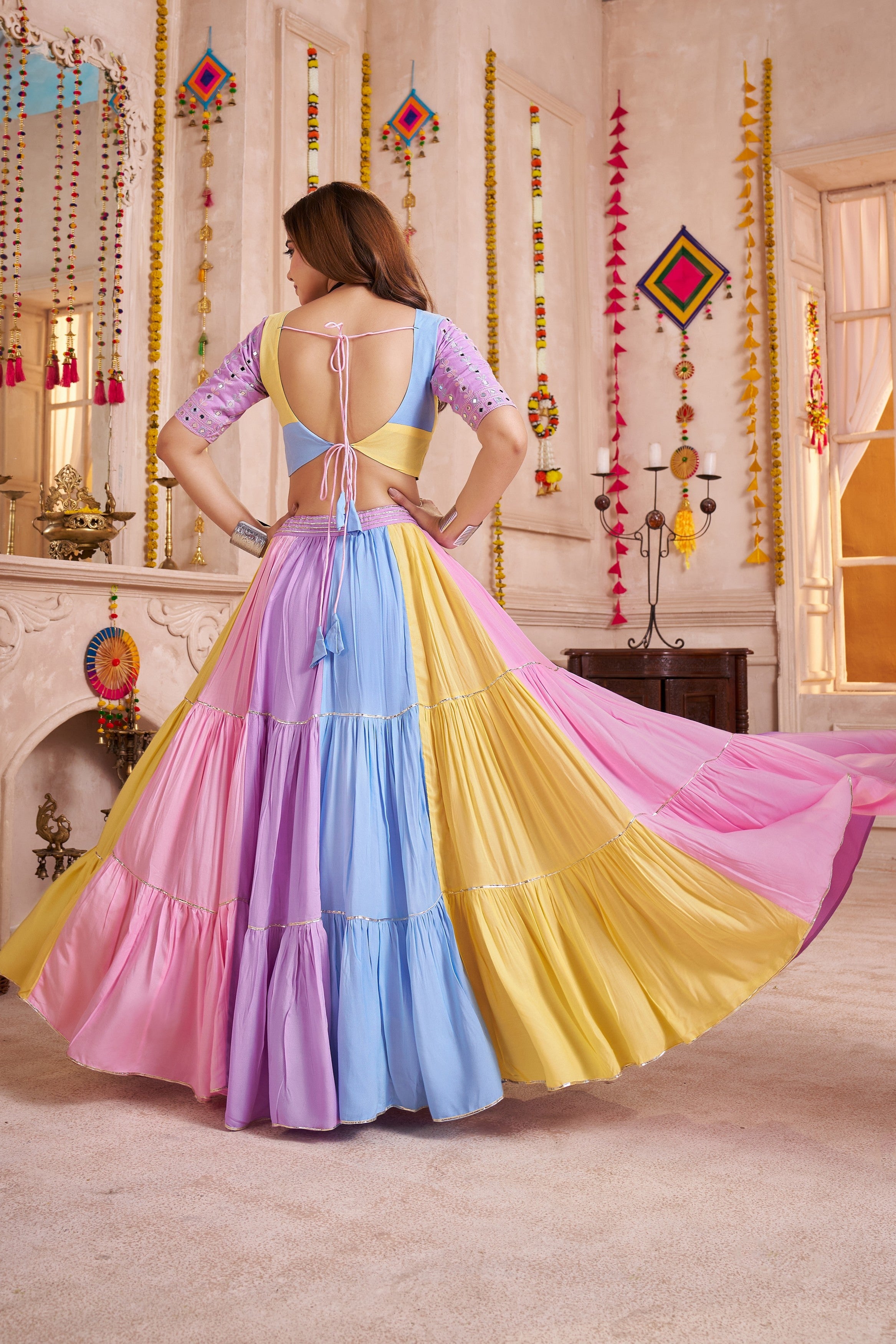 Multicolor Viscose Cotton Indian Navaratri Garba Chaniya Choli 10 Meter Flair - Real Mirror Work, Kutchi Patch Work