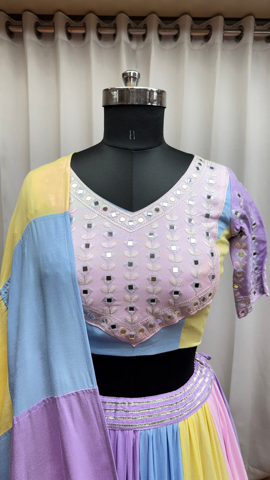 Multicolor Viscose Cotton Indian Navaratri Garba Chaniya Choli 10 Meter Flair - Real Mirror Work, Kutchi Patch Work