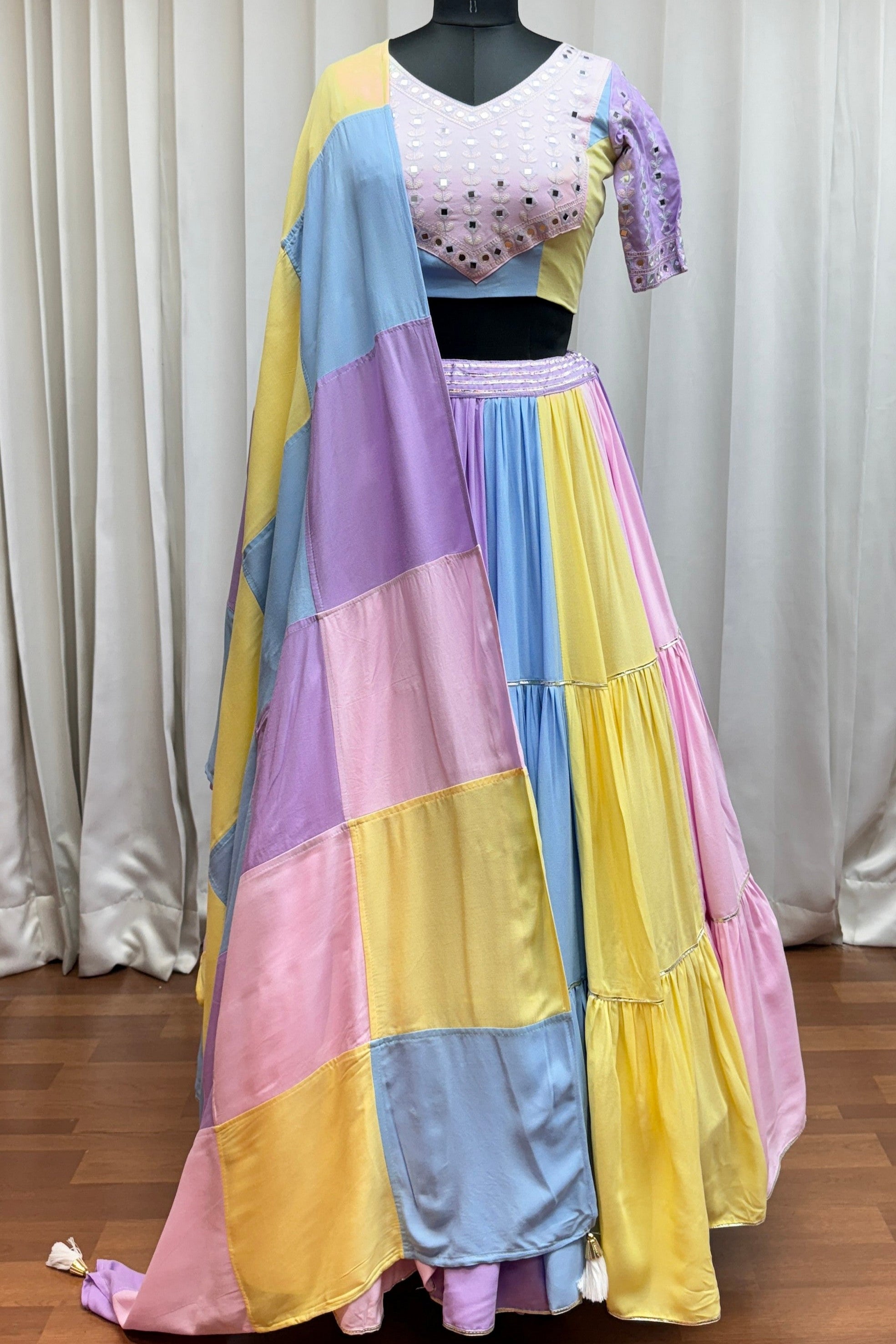 Multicolor Viscose Cotton Indian Navaratri Garba Chaniya Choli 10 Meter Flair - Real Mirror Work, Kutchi Patch Work