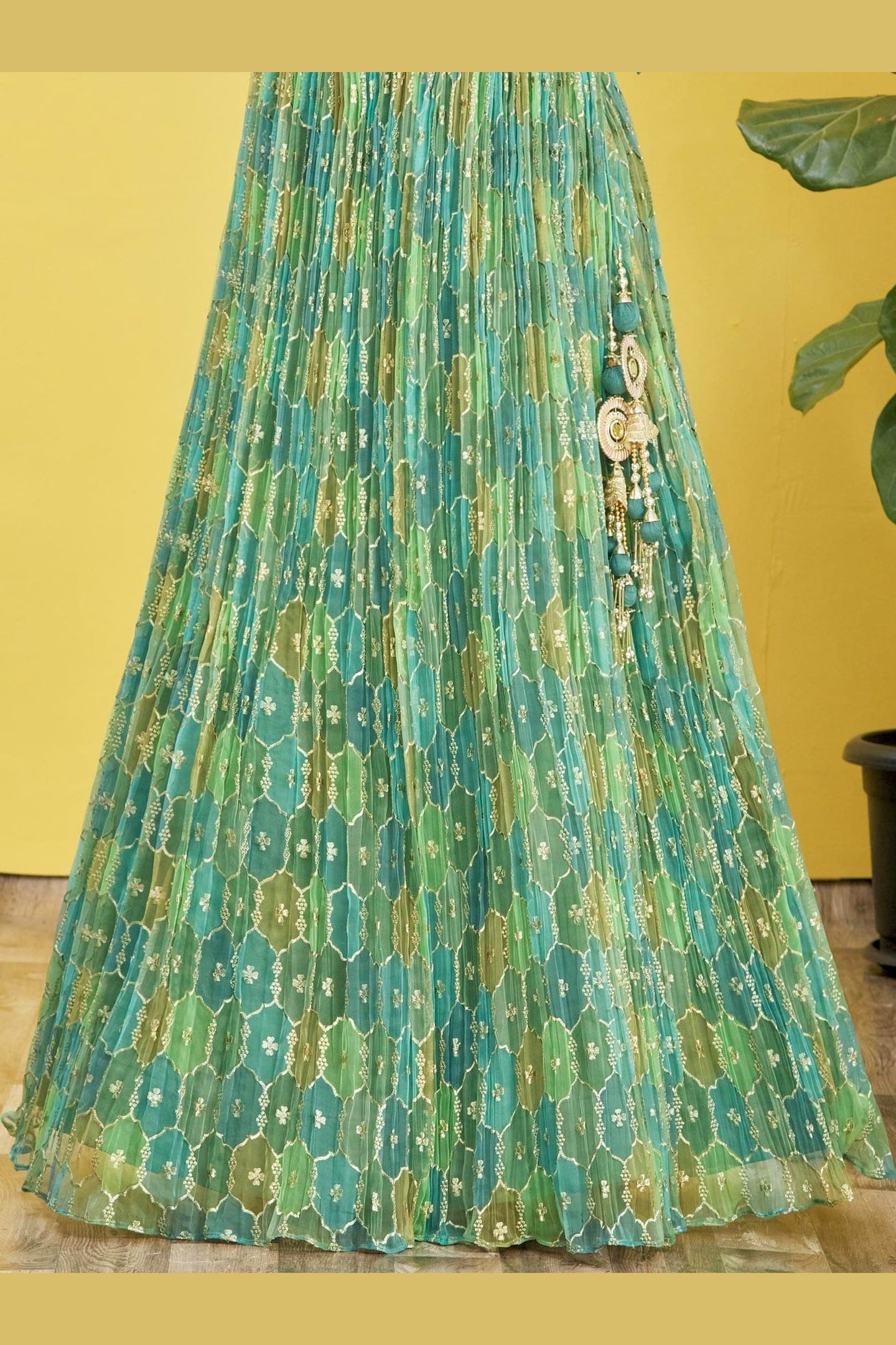Green Slub Silk Lehenga Choli For Indian & Pakistani Wedding Festival - Sequins & Thread Embroidery Work, Zari Work, Print Work, Real Mirror Work