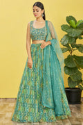 Green Slub Silk Lehenga Choli For Indian & Pakistani Wedding Festival - Sequins & Thread Embroidery Work, Zari Work, Print Work, Real Mirror Work