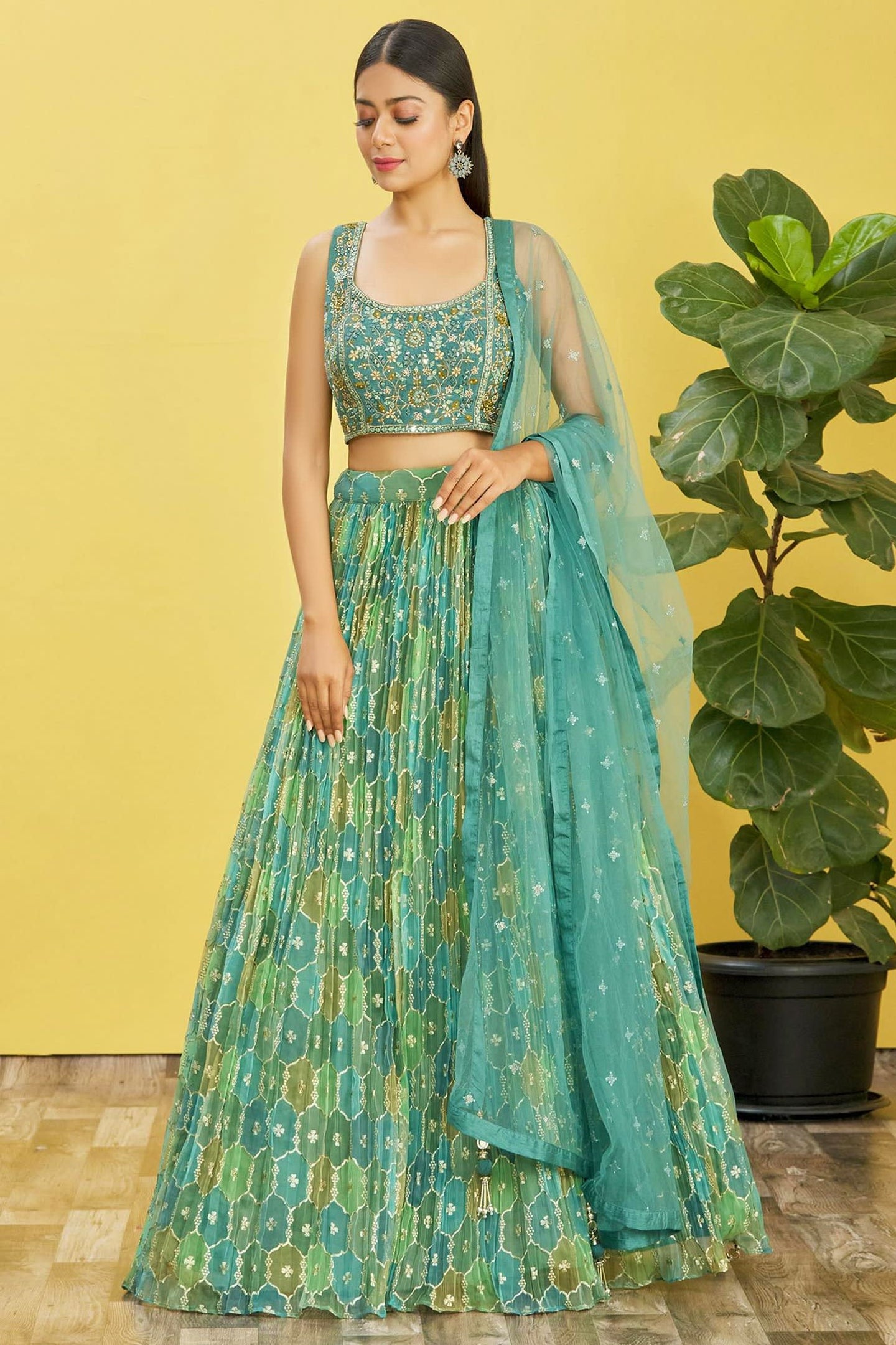 Green Slub Silk Lehenga Choli For Indian & Pakistani Wedding Festival - Sequins & Thread Embroidery Work, Zari Work, Print Work, Real Mirror Work