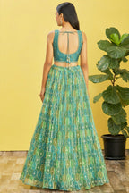 Green Slub Silk Lehenga Choli For Indian & Pakistani Wedding Festival - Sequins & Thread Embroidery Work, Zari Work, Print Work, Real Mirror Work
