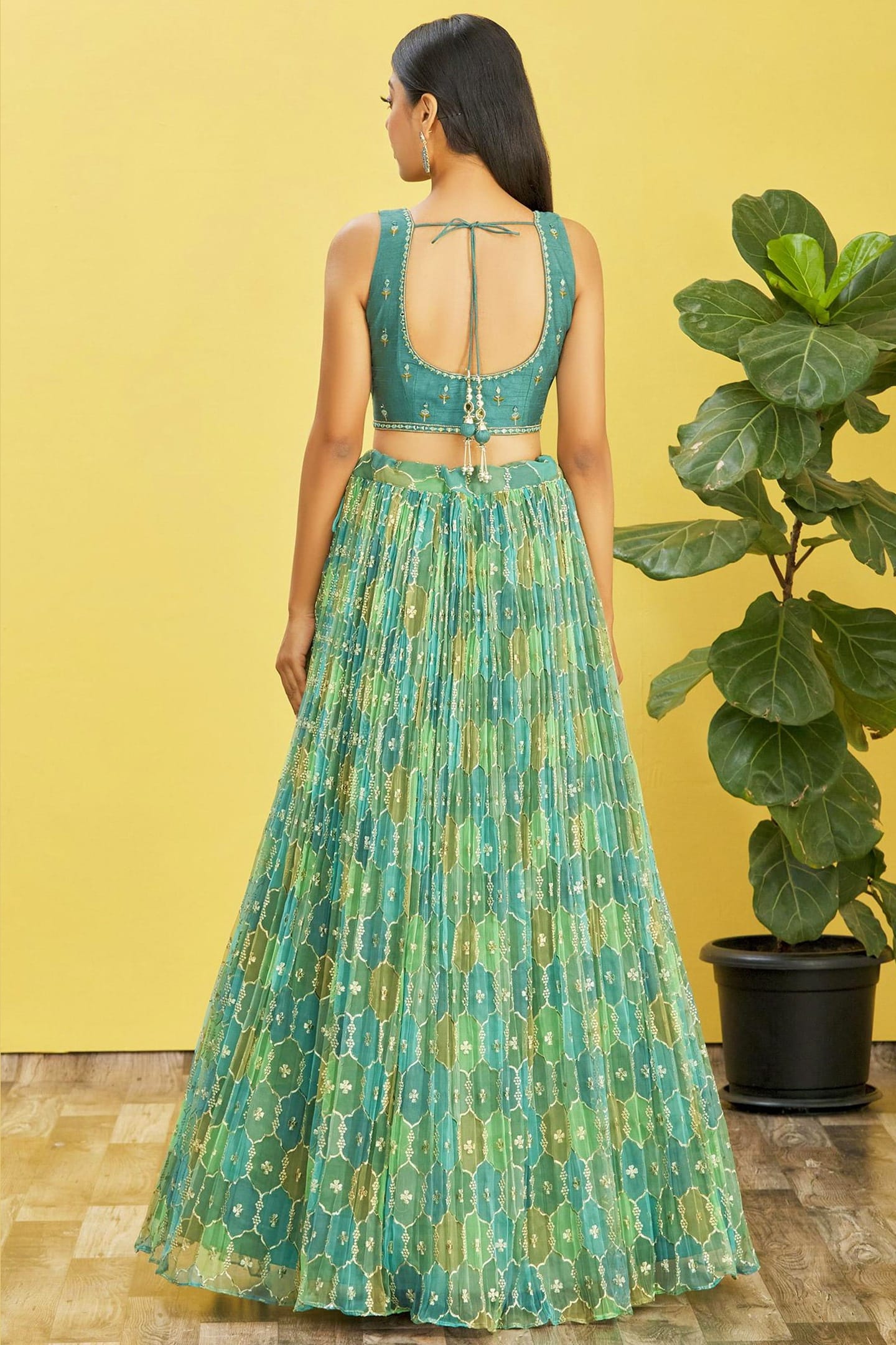 Green Slub Silk Lehenga Choli For Indian & Pakistani Wedding Festival - Sequins & Thread Embroidery Work, Zari Work, Print Work, Real Mirror Work