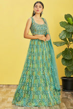 Green Slub Silk Lehenga Choli For Indian & Pakistani Wedding Festival - Sequins & Thread Embroidery Work, Zari Work, Print Work, Real Mirror Work