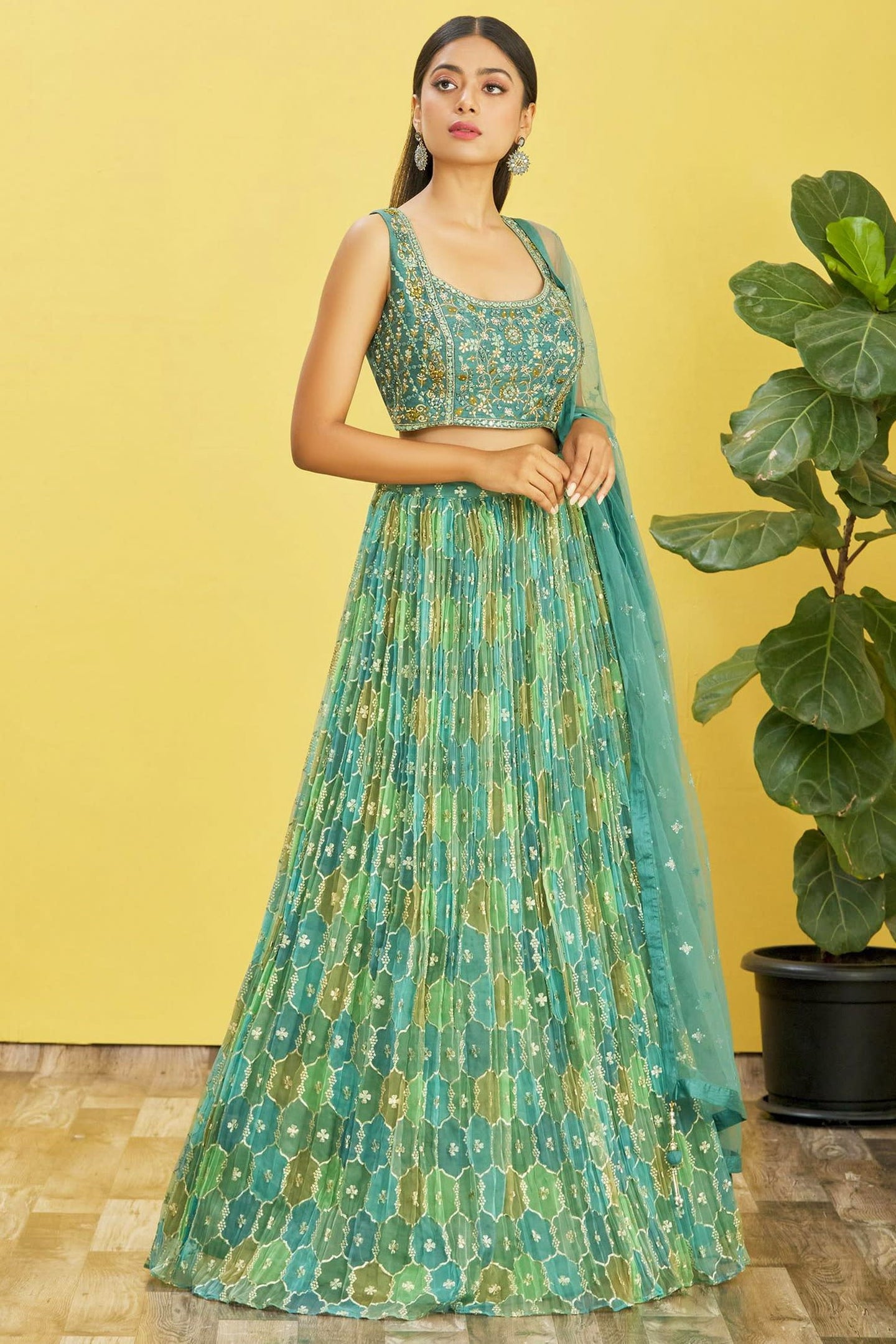 Green Slub Silk Lehenga Choli For Indian & Pakistani Wedding Festival - Sequins & Thread Embroidery Work, Zari Work, Print Work, Real Mirror Work