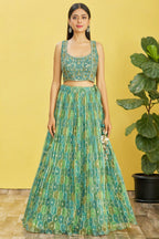 Green Slub Silk Lehenga Choli For Indian & Pakistani Wedding Festival - Sequins & Thread Embroidery Work, Zari Work, Print Work, Real Mirror Work