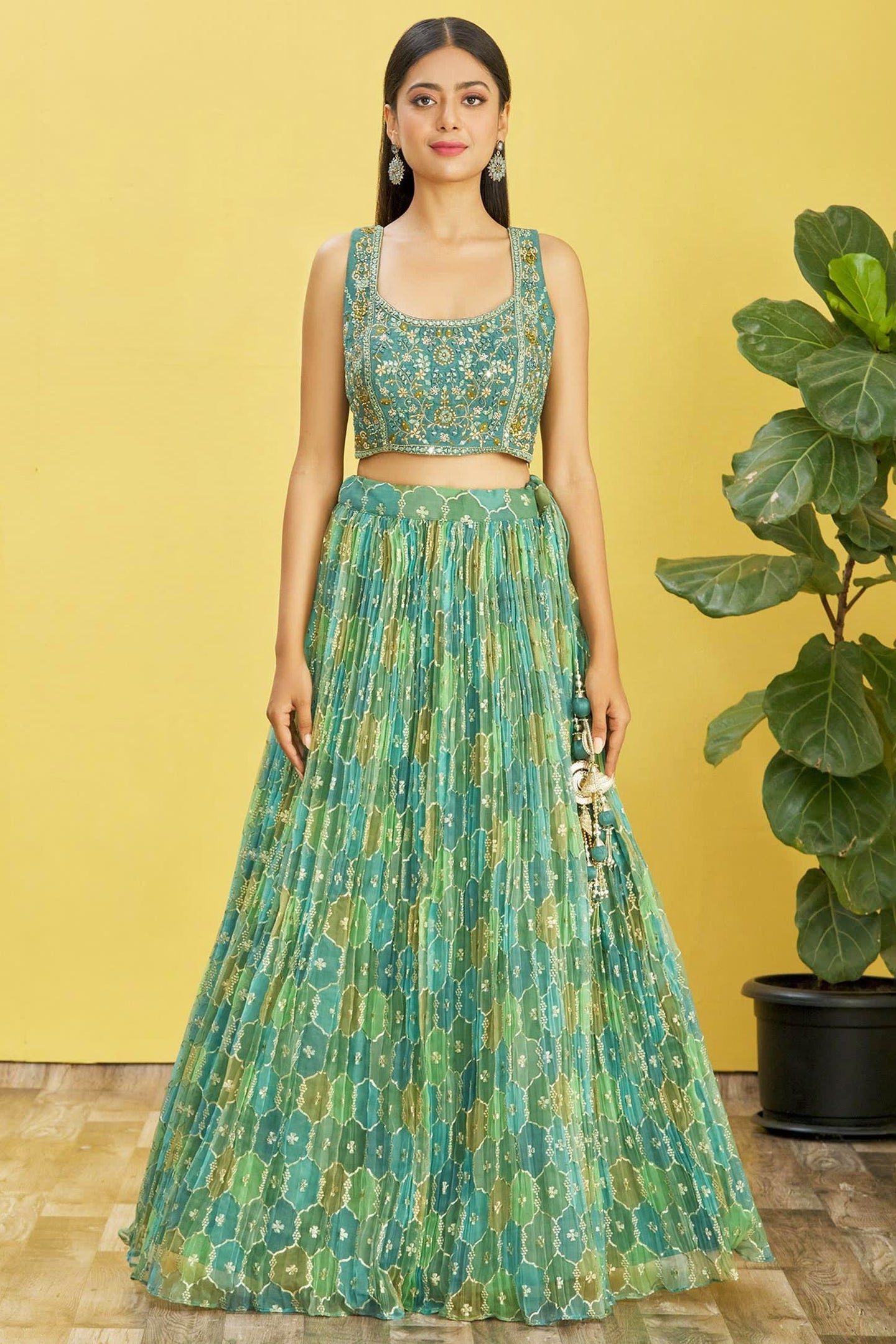 Green Slub Silk Lehenga Choli For Indian & Pakistani Wedding Festival - Sequins & Thread Embroidery Work, Zari Work, Print Work, Real Mirror Work