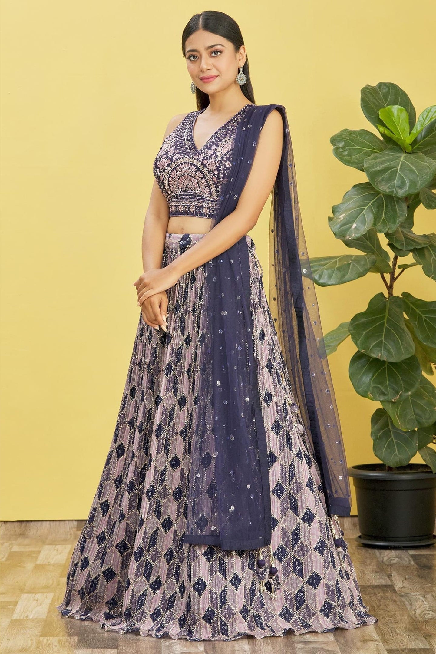 Navy Blue Slub Silk Lehenga Choli For Indian & Pakistani Wedding Festival - Sequins & Thread Embroidery Work, Zari Work, Print Work, Real Mirror Work