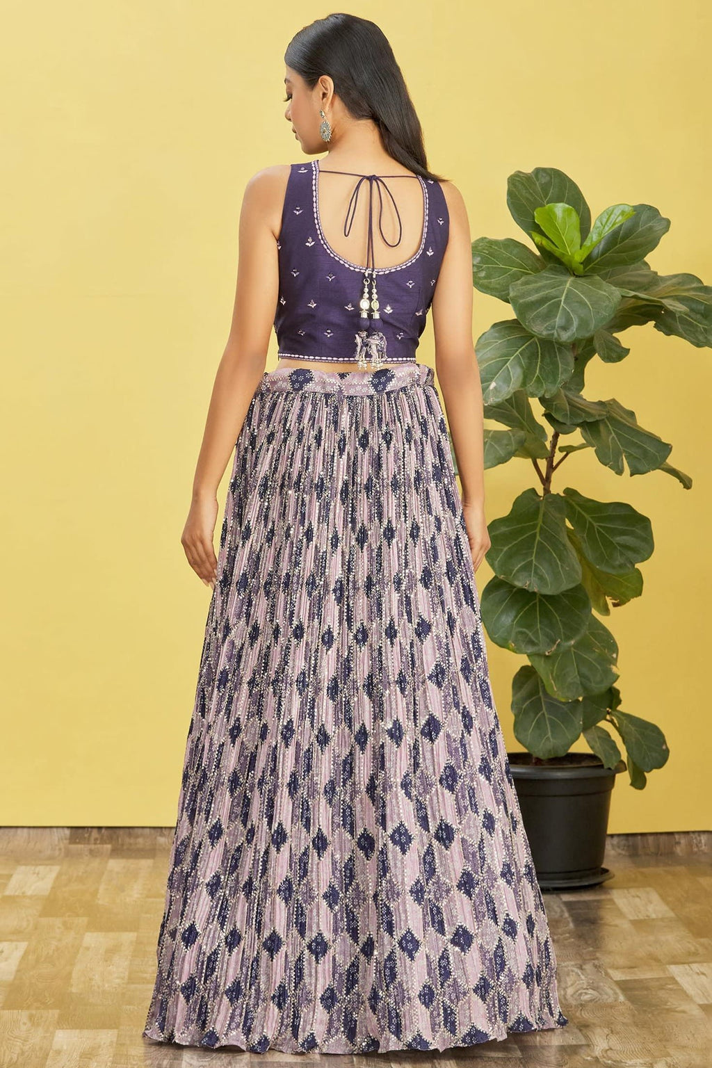 Navy Blue Slub Silk Lehenga Choli For Indian & Pakistani Wedding Festival - Sequins & Thread Embroidery Work, Zari Work, Print Work, Real Mirror Work