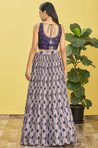 Navy Blue Slub Silk Lehenga Choli For Indian & Pakistani Wedding Festival - Sequins & Thread Embroidery Work, Zari Work, Print Work, Real Mirror Work