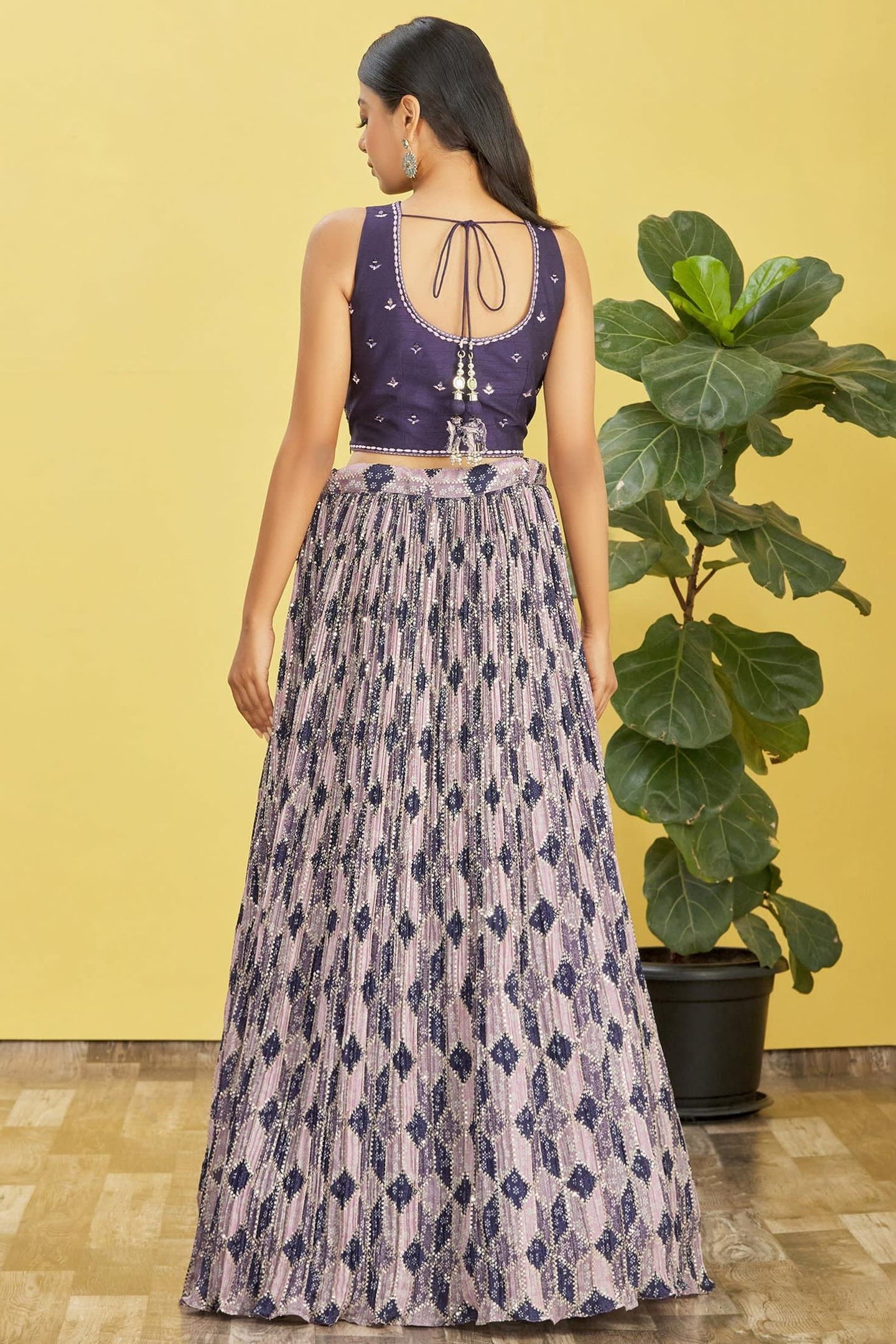 Navy Blue Slub Silk Lehenga Choli For Indian & Pakistani Wedding Festival - Sequins & Thread Embroidery Work, Zari Work, Print Work, Real Mirror Work