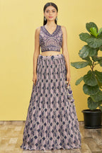 Navy Blue Slub Silk Lehenga Choli For Indian & Pakistani Wedding Festival - Sequins & Thread Embroidery Work, Zari Work, Print Work, Real Mirror Work
