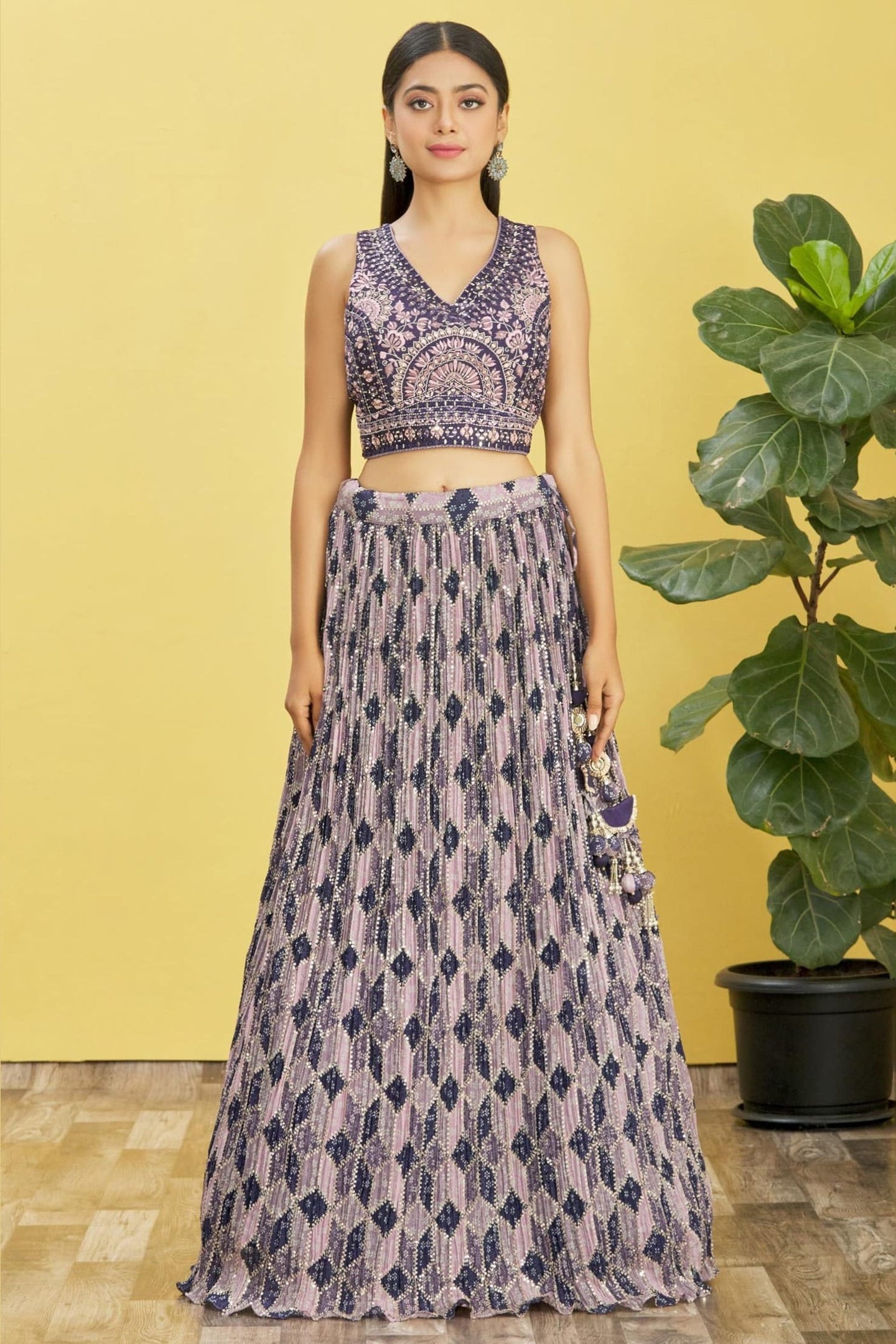 Navy Blue Slub Silk Lehenga Choli For Indian & Pakistani Wedding Festival - Sequins & Thread Embroidery Work, Zari Work, Print Work, Real Mirror Work