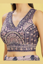 Navy Blue Slub Silk Lehenga Choli For Indian & Pakistani Wedding Festival - Sequins & Thread Embroidery Work, Zari Work, Print Work, Real Mirror Work