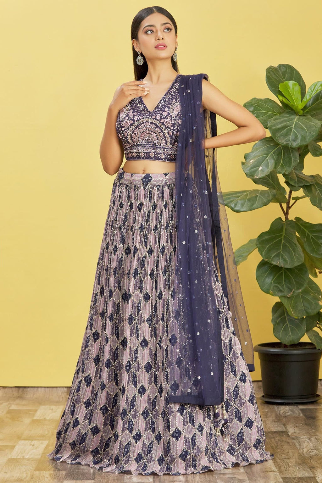 Navy Blue Slub Silk Lehenga Choli For Indian & Pakistani Wedding Festival - Sequins & Thread Embroidery Work, Zari Work, Print Work, Real Mirror Work