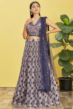 Navy Blue Slub Silk Lehenga Choli For Indian & Pakistani Wedding Festival - Sequins & Thread Embroidery Work, Zari Work, Print Work, Real Mirror Work