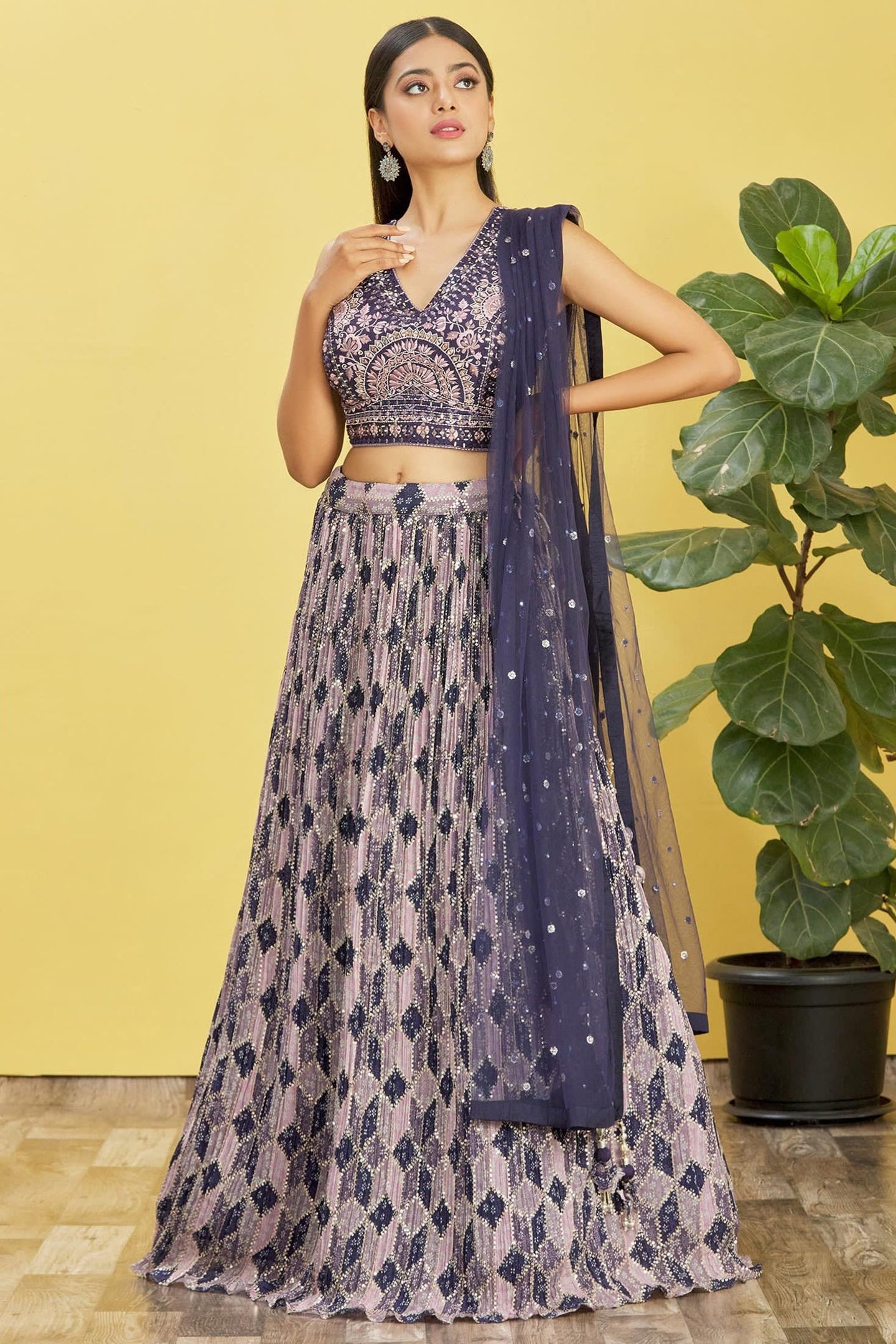 Navy Blue Slub Silk Lehenga Choli For Indian & Pakistani Wedding Festival - Sequins & Thread Embroidery Work, Zari Work, Print Work, Real Mirror Work