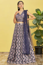 Navy Blue Slub Silk Lehenga Choli For Indian & Pakistani Wedding Festival - Sequins & Thread Embroidery Work, Zari Work, Print Work, Real Mirror Work