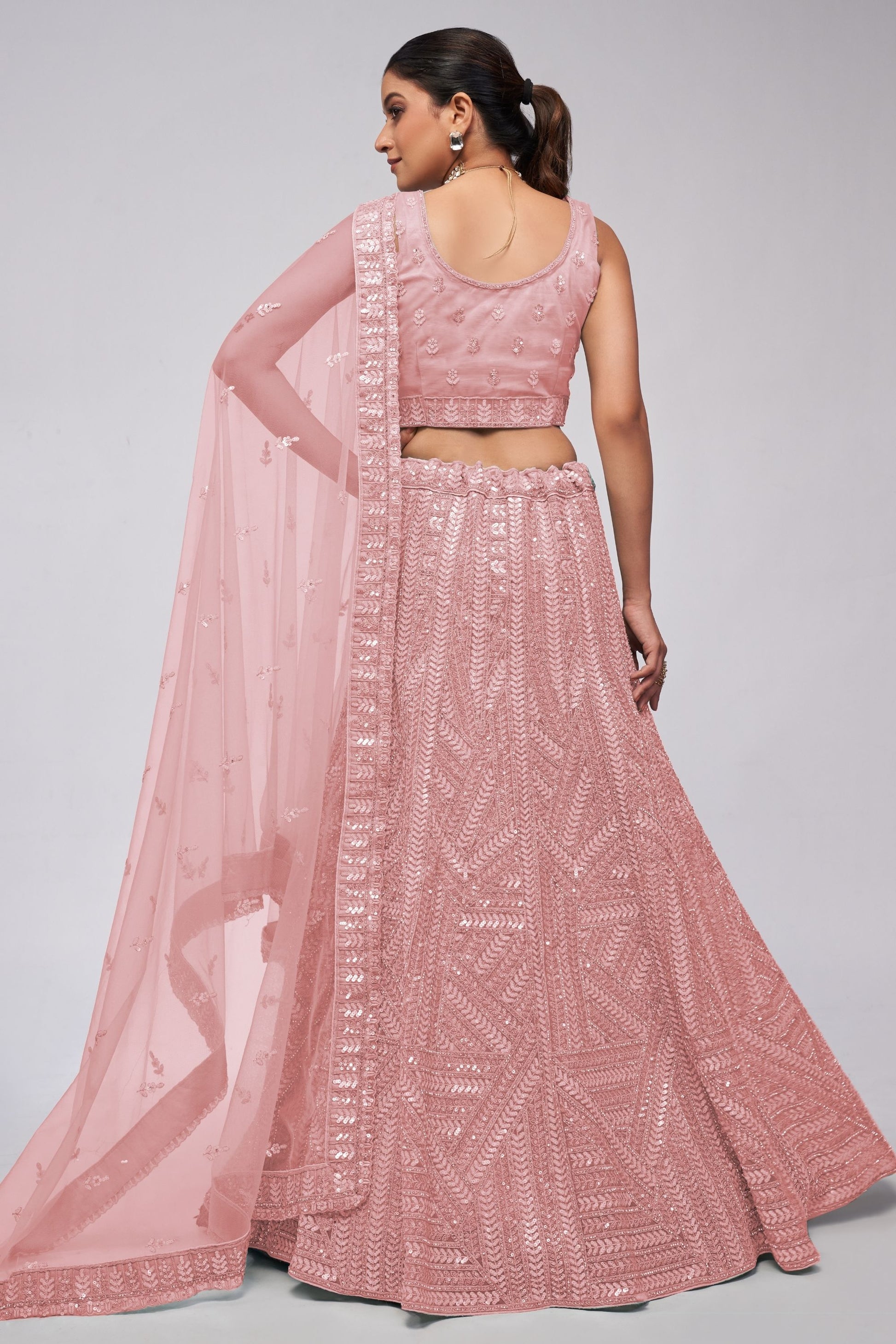 Baby Pink Soft Net Lehenga Choli For Indian Festivals & Weddings - Sequins Work, Dori Work, Zarkan Work